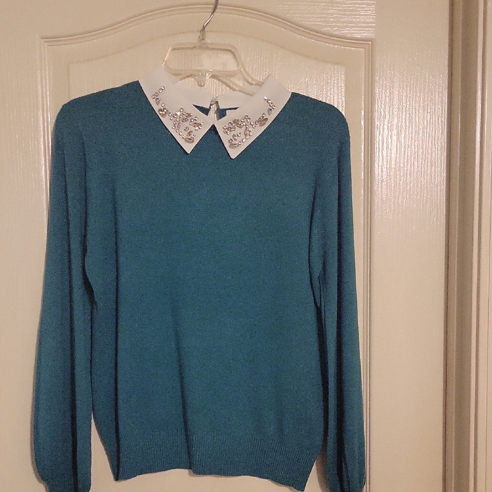 Chic Teal Sweater with Embellished Collar
